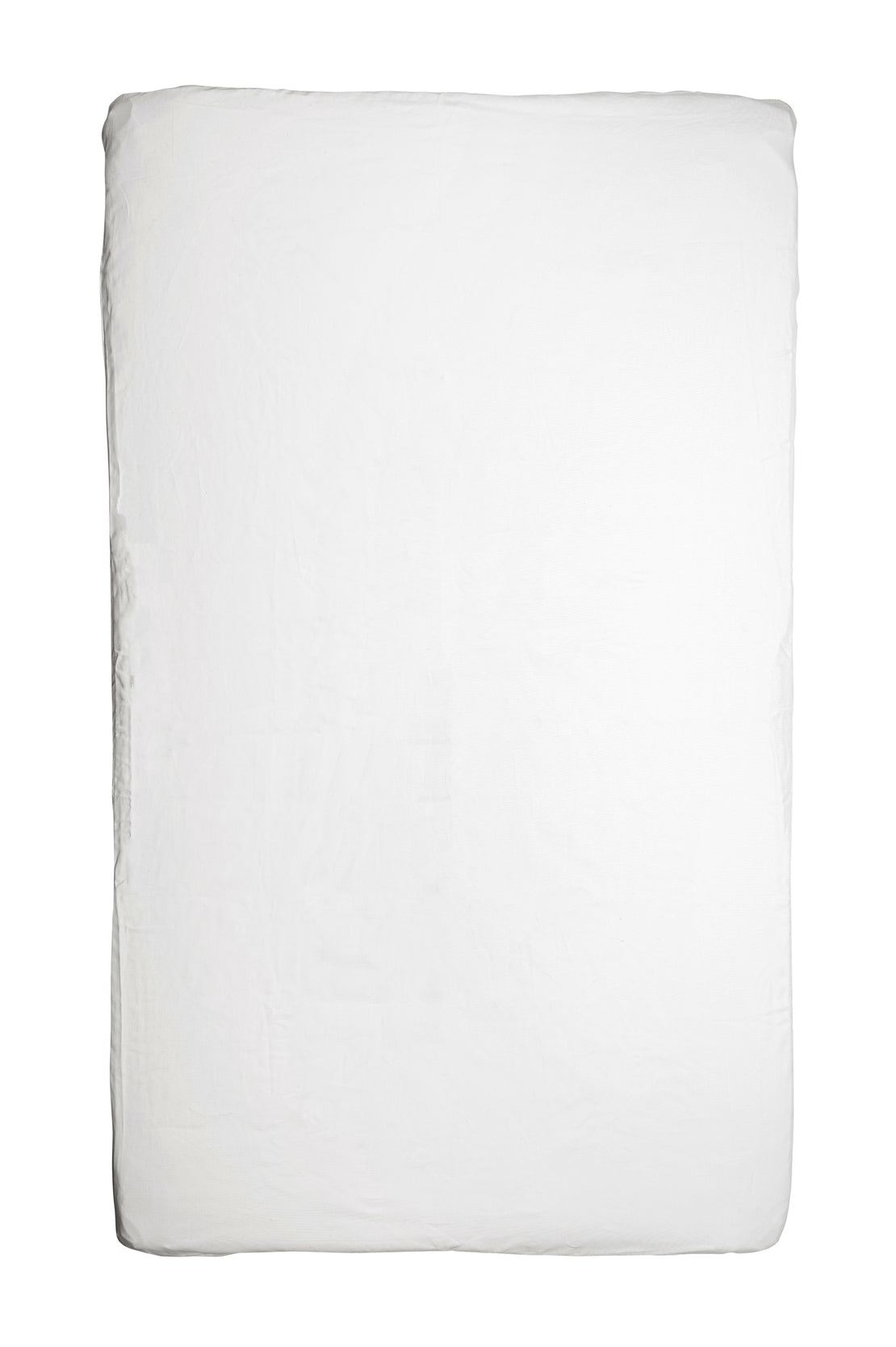 A single, thick, square white pillow isolated on a white background. The Kind Essential Bassinet Fitted Sheet in White from DockATot, crafted from safe bassinet fabric, appears soft and fluffy with a slightly irregular shape and visible stitching along the edges.